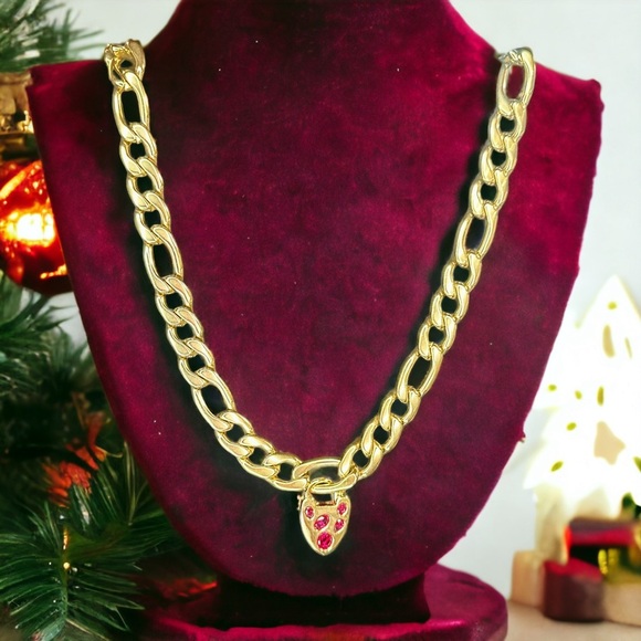 NEW Ruby Red Crystal Encrusted Heart Padlock Pendant Cuban Link Chain Necklace - Picture 1 of 14